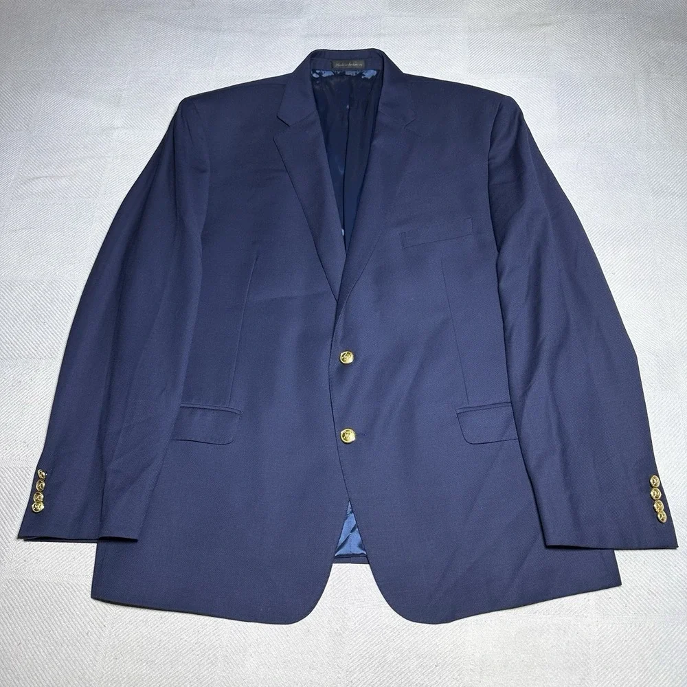 Lauren Ralph‎ Lauren Coolmax Blazer 46R Navy Wool Blend Gold Button Sport Coat